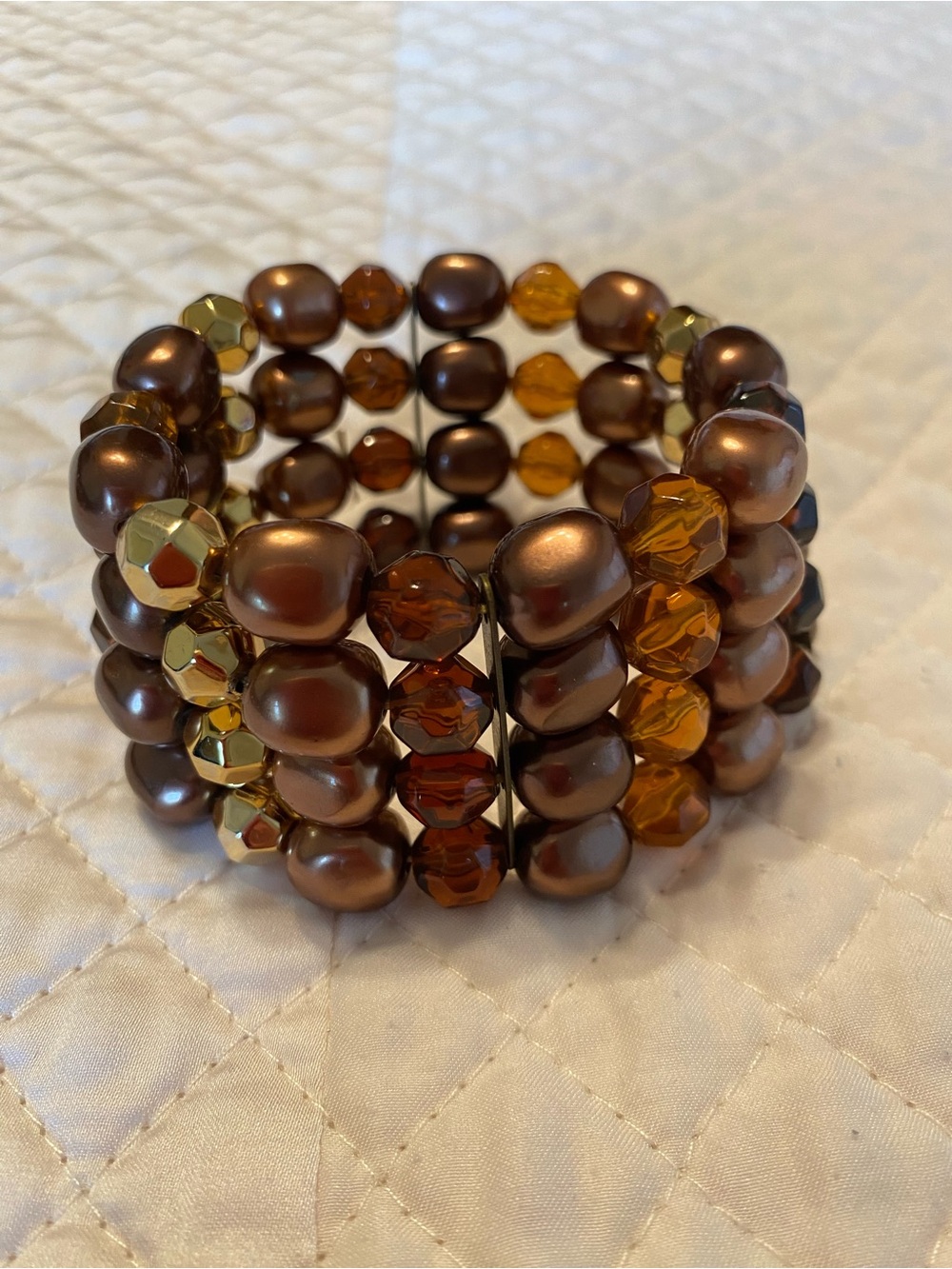 Women's Brown Beaded Stretch Bracelet - Elegant Amber and Gold Tones